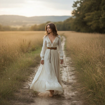 Deep V-Neck Long Sleeve Boho Maxi Dress - Flowing Lightweight Dress - minbolu -