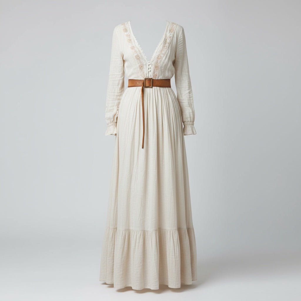 Deep V-Neck Long Sleeve Boho Maxi Dress - Flowing Lightweight Dress - minbolu -