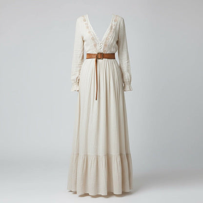 Deep V-Neck Long Sleeve Boho Maxi Dress - Flowing Lightweight Dress - minbolu -