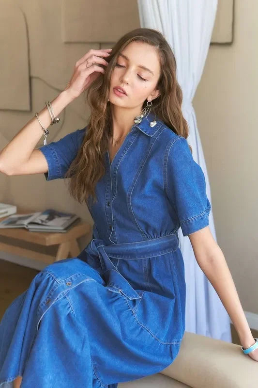 ADORA Tiered Button Down Denim Dress - minbolu -