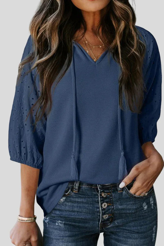 Dirty Blue Tassel Tie Neck Bracelet Sleeve Blouse - minbolu