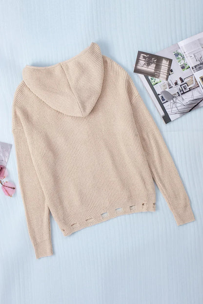 Distressed Zip - Up Hooded Cardigan with Drawstring - minbolu