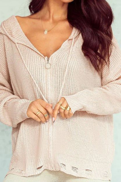 Distressed Zip - Up Hooded Cardigan with Drawstring - minbolu