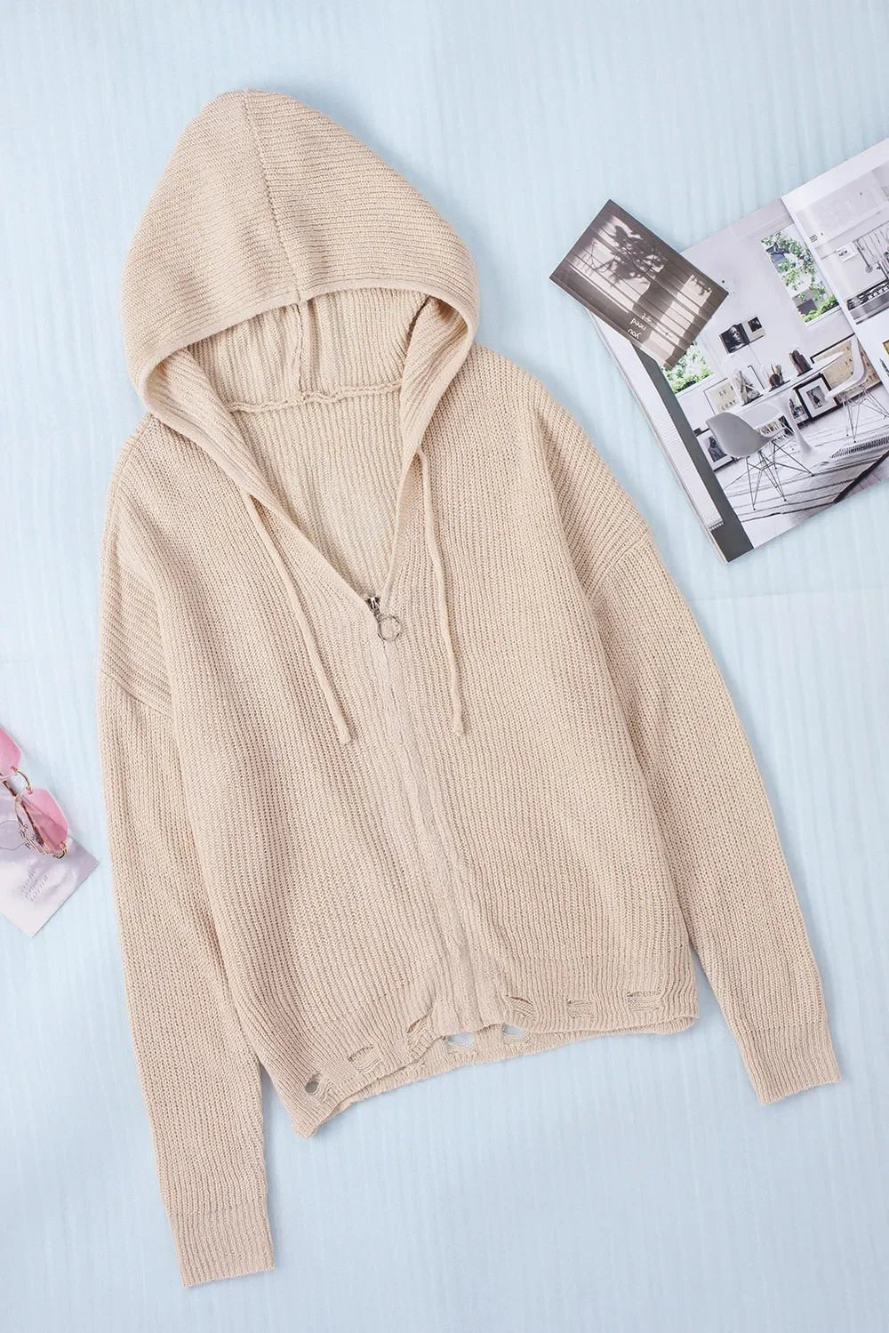 Distressed Zip - Up Hooded Cardigan with Drawstring - minbolu