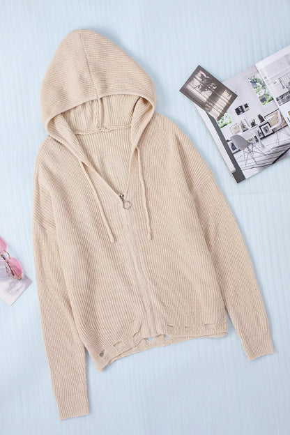 Distressed Zip - Up Hooded Cardigan with Drawstring - minbolu
