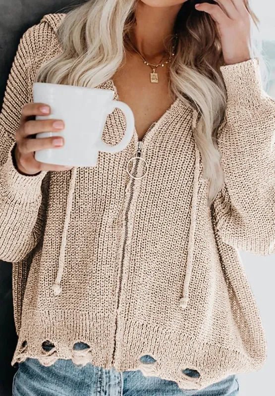 Distressed Zip - Up Hooded Cardigan with Drawstring - minbolu