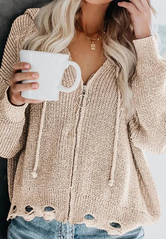 Distressed Zip - Up Hooded Cardigan with Drawstring - minbolu