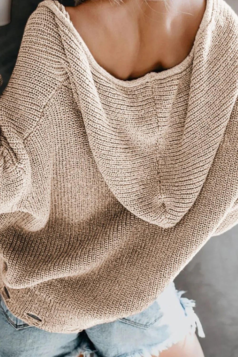 Distressed Zip - Up Hooded Cardigan with Drawstring - minbolu