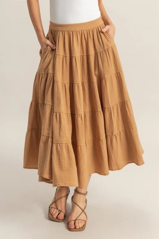 Double Gauze Tiered Midi Skirt with Pockets - minbolu -