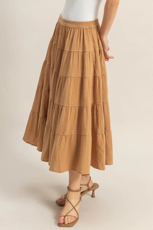 Double Gauze Tiered Midi Skirt with Pockets - minbolu -