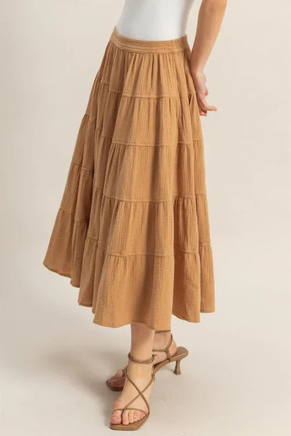 Double Gauze Tiered Midi Skirt with Pockets - minbolu -