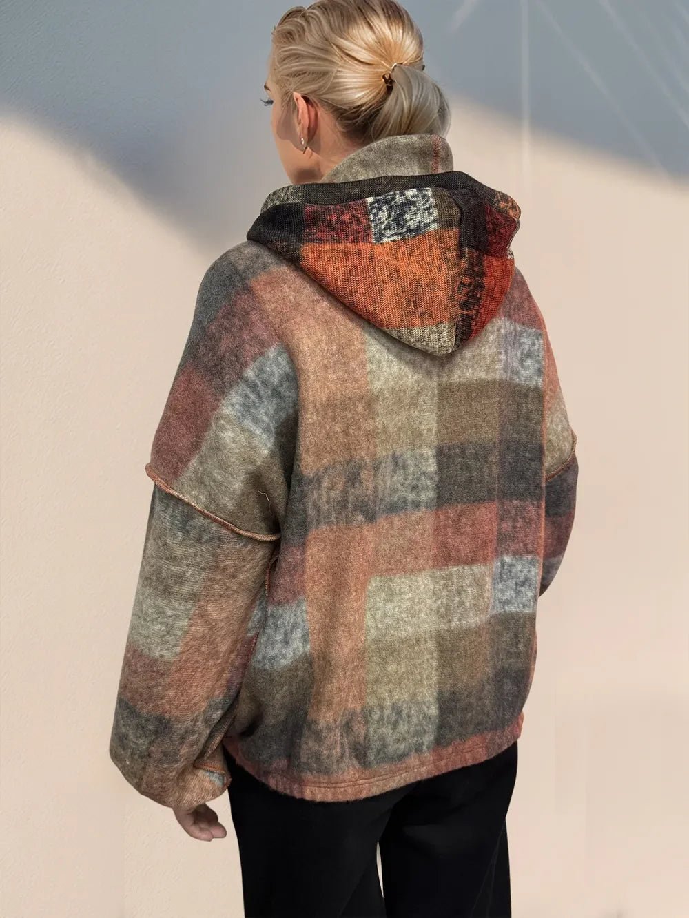 Double Take Luxe Half - Zip Exposed Seam Boho Fleece Women’s Hoodie - minbolu