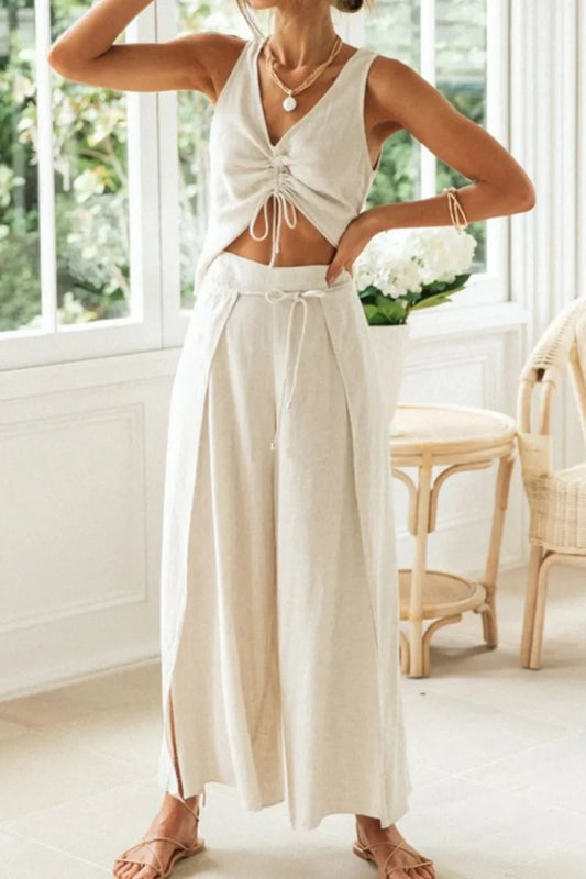 Drawstring V-Neck Tank and Pants Set - minbolu -
