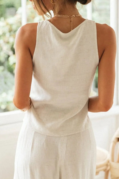Drawstring V-Neck Tank and Pants Set - minbolu -