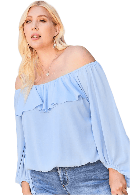 Dusty Blue Off Shoulder Ruffle Top - minbolu -