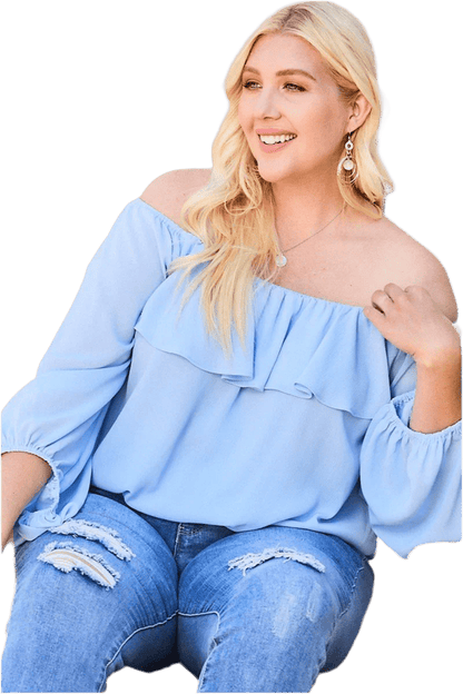 Dusty Blue Off Shoulder Ruffle Top - minbolu