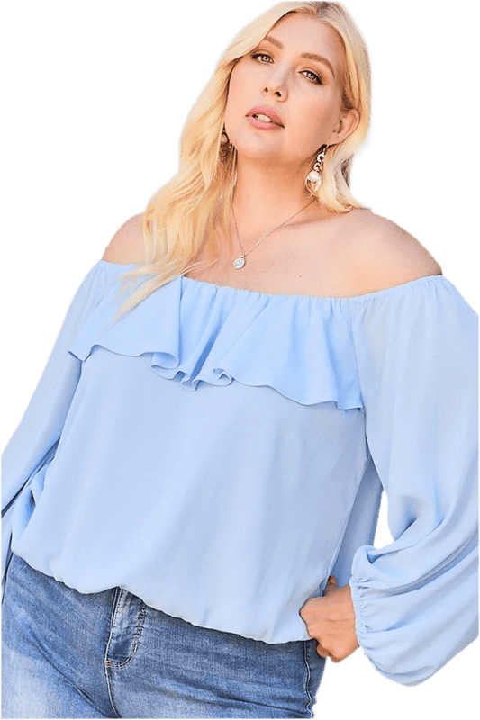 Dusty Blue Off Shoulder Ruffle Top - minbolu