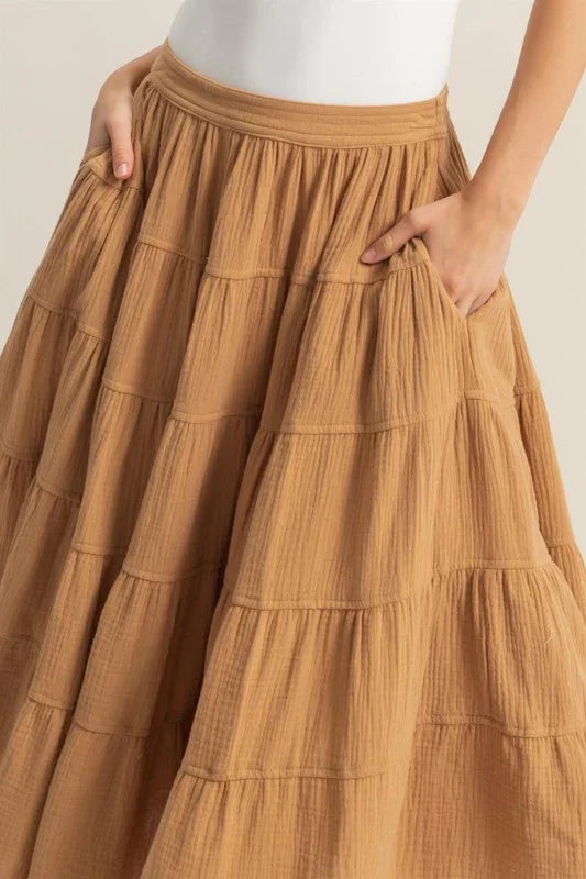 Double Gauze Tiered Midi Skirt with Pockets - minbolu -