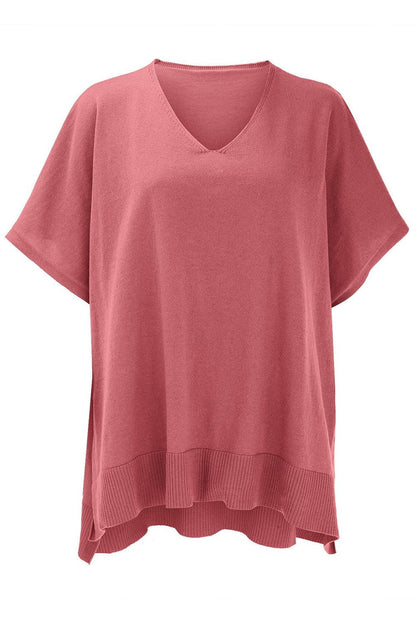 Slit V-Neck Half Sleeve Knit Top - minbolu -