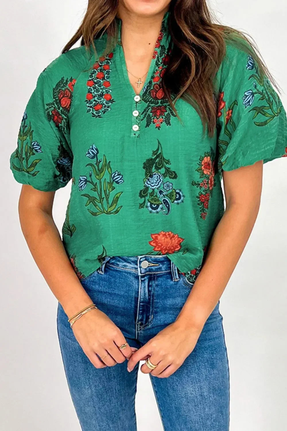Floral Print Notched Short Sleeve Blouse - minbolu -