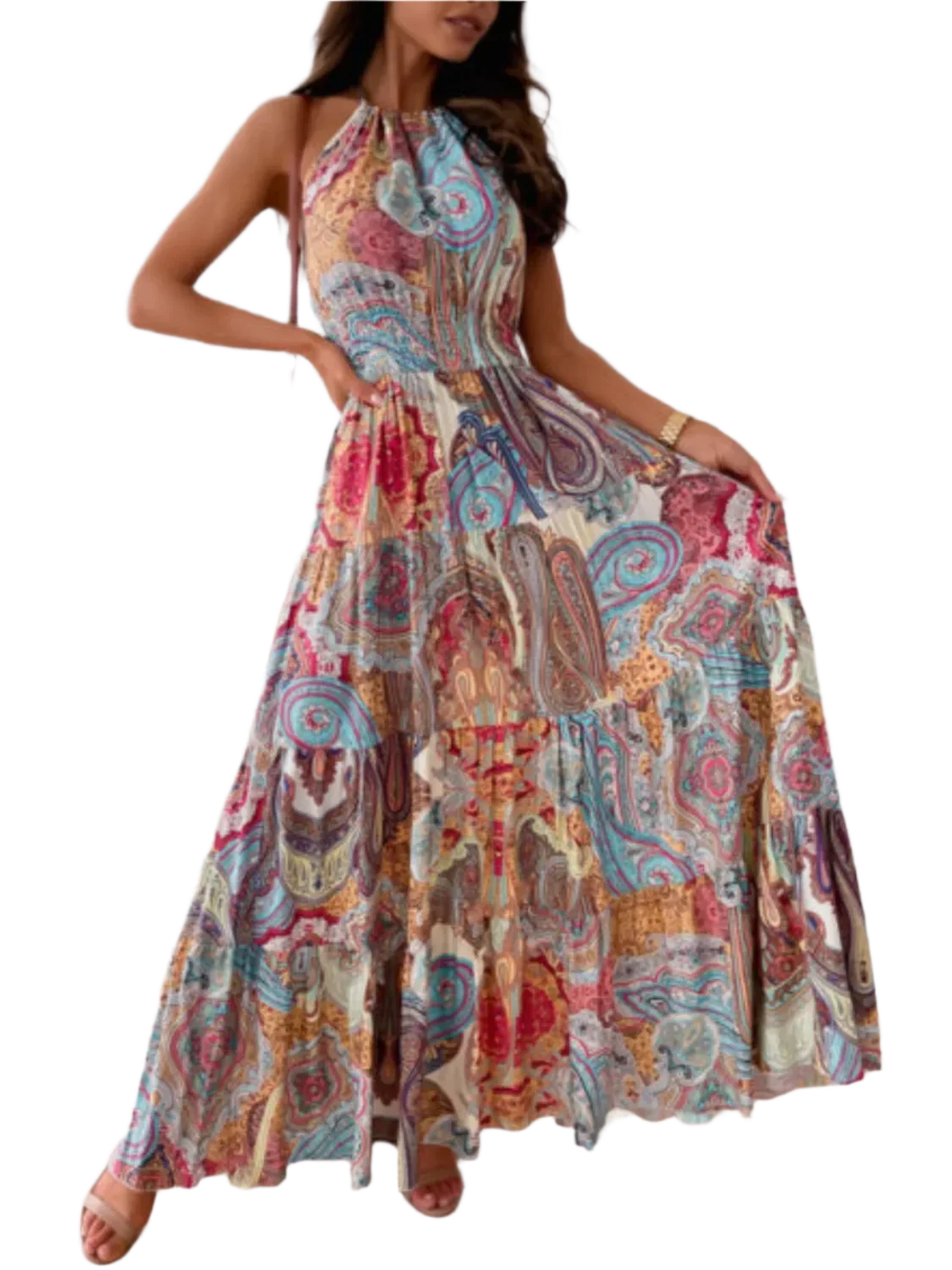 Flatter Me Boho Halter Neck Maxi Dress: Blue Flower - minbolu -