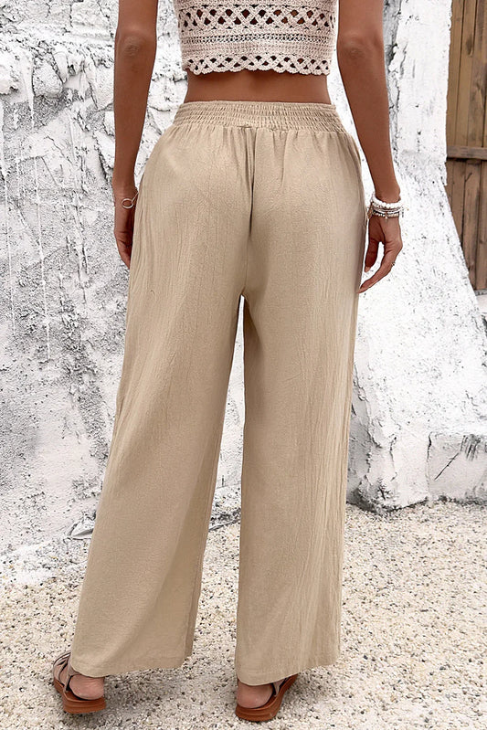 Parchment Solid Color Button High Waist Wide Leg Pants - minbolu -