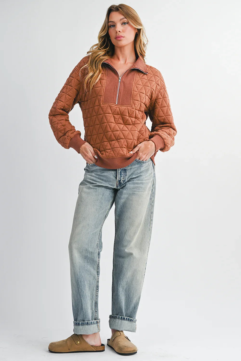 Straw Yellow Textured Zipper Neck Long Sleeve Pullover Sweatshirt - minbolu -