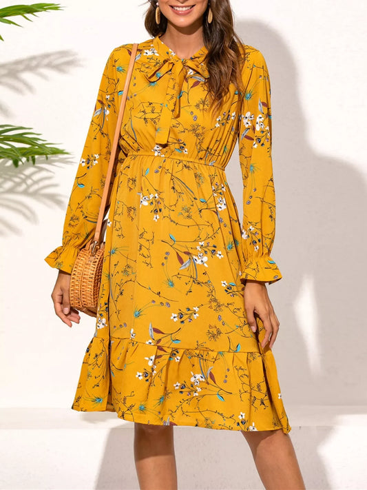 Ruffled Hem Floral Print Knee-Length Long Sleeve Dress - minbolu -