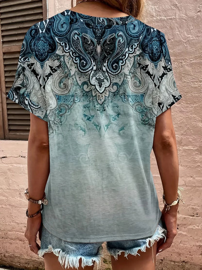 Printed Notched Short Sleeve Blouse - Stylish Design - minbolu -
