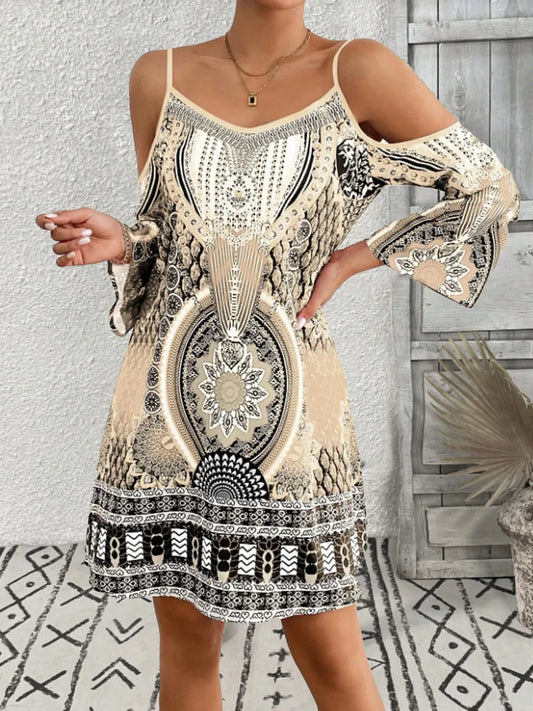 Printed Cold Shoulder Mini Dress - minbolu -