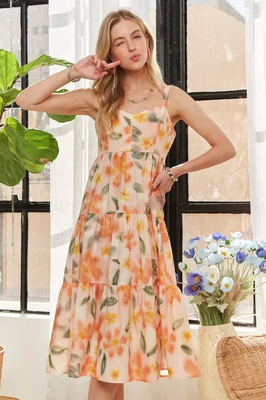 Boho Midi Dress - ADORA Smocked Back Floral Adjustable Strap Women's Dress - minbolu -