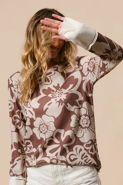 Women's Long Sleeve Top - BiBi Flower Printed Waffle Thumb Opening Boho Long Sleeve Top - minbolu -