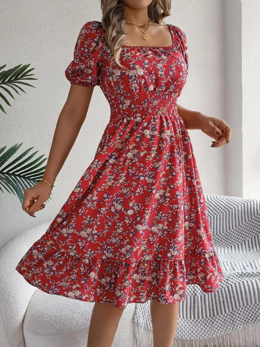 Floral Puff Sleeve Ruffled Hem Boho Dress - minbolu -