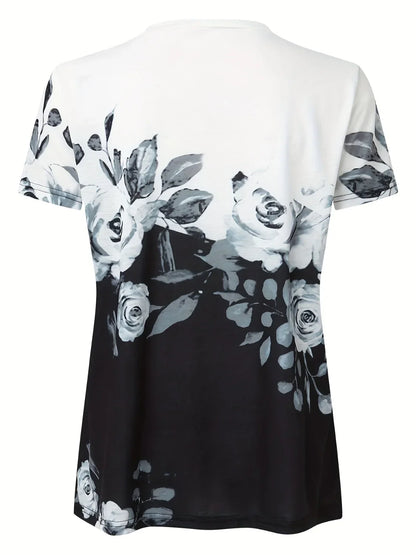 Printed Notched Short Sleeve Blouse - Stylish Design - minbolu -