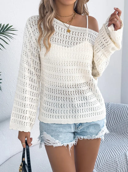 Openwork Boat Neck Knit Cover Up - minbolu -