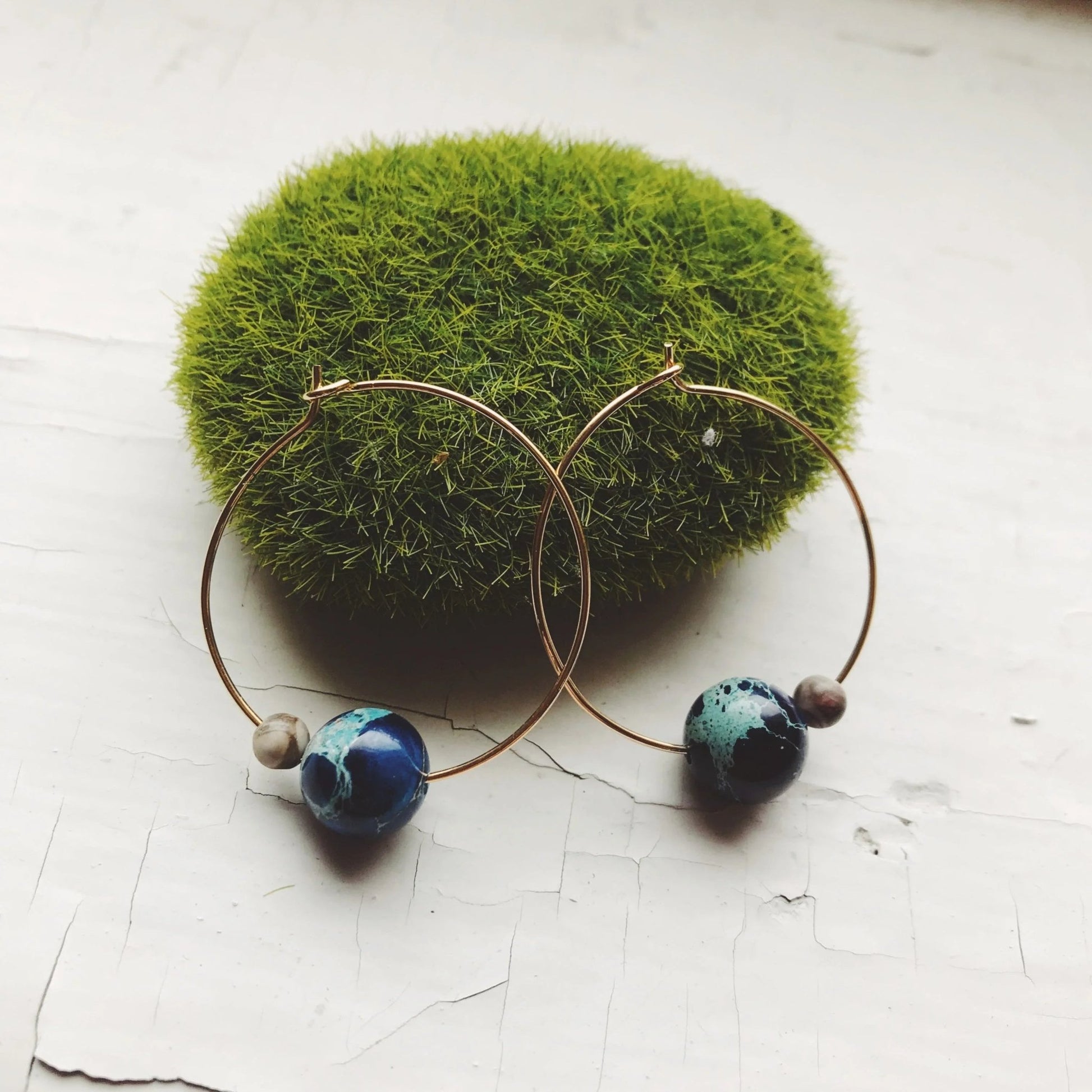 Earth and Moon Jasper Bead Hoop Earrings - minbolu