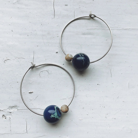 Earth and Moon Jasper Bead Hoop Earrings - minbolu