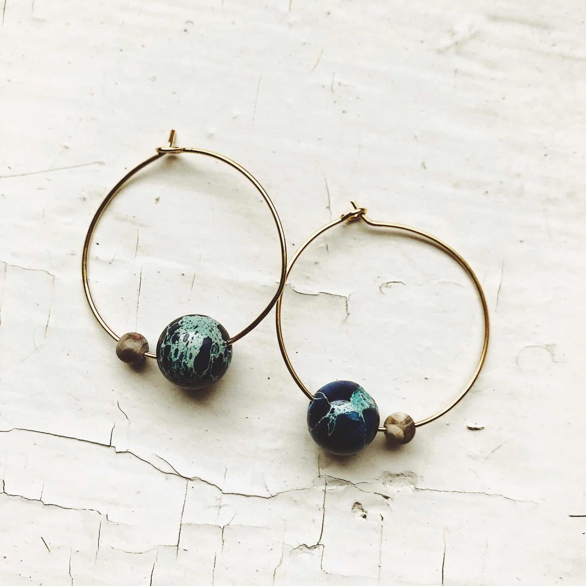 Earth and Moon Jasper Bead Hoop Earrings - minbolu