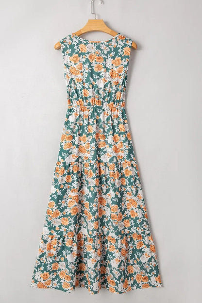 Floral Print Trimmed V Neck Tie Waist Sleeveless Dress - minbolu -