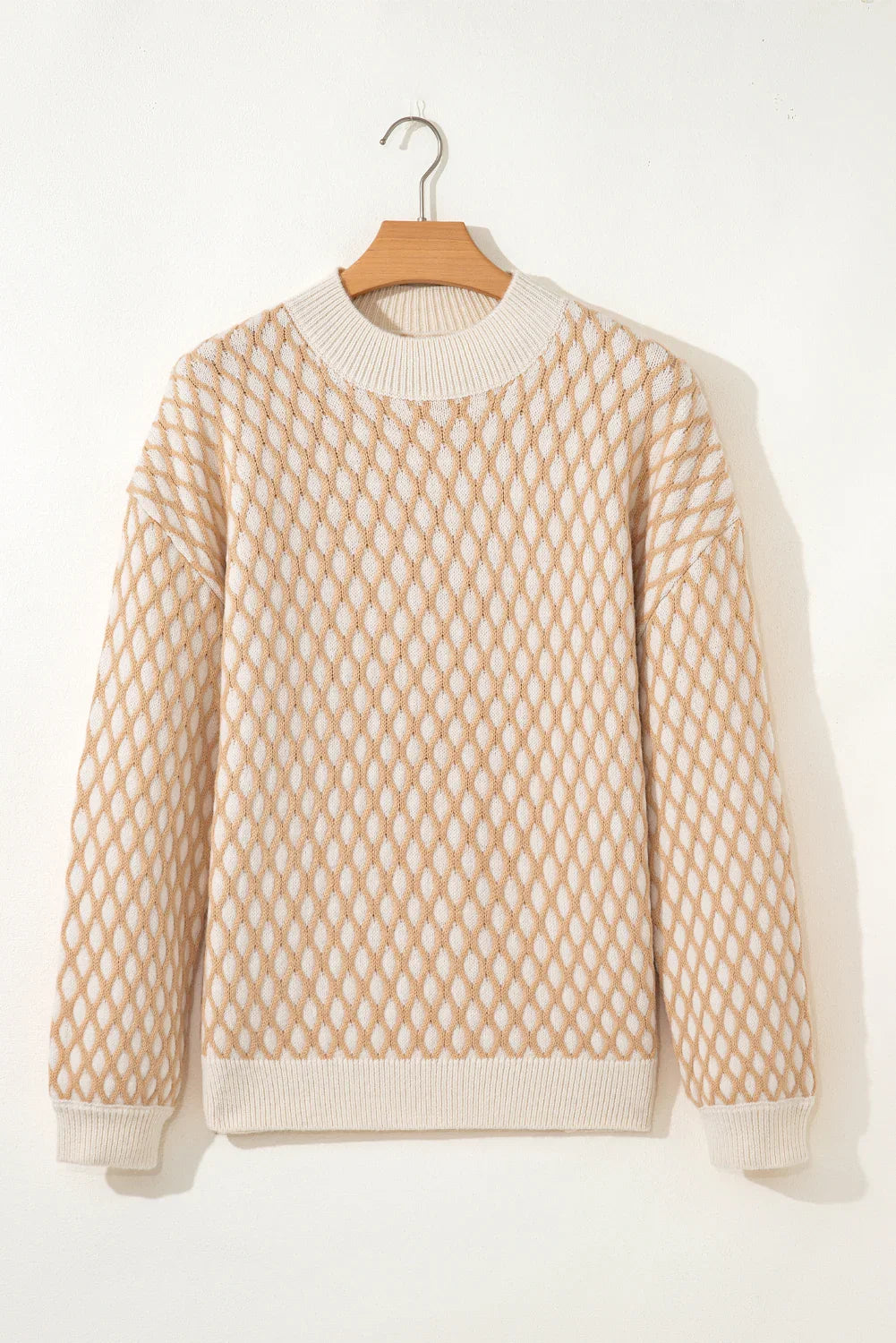 Smoke Gray Checkered Textured Knit Mock Neck Sweater - minbolu -