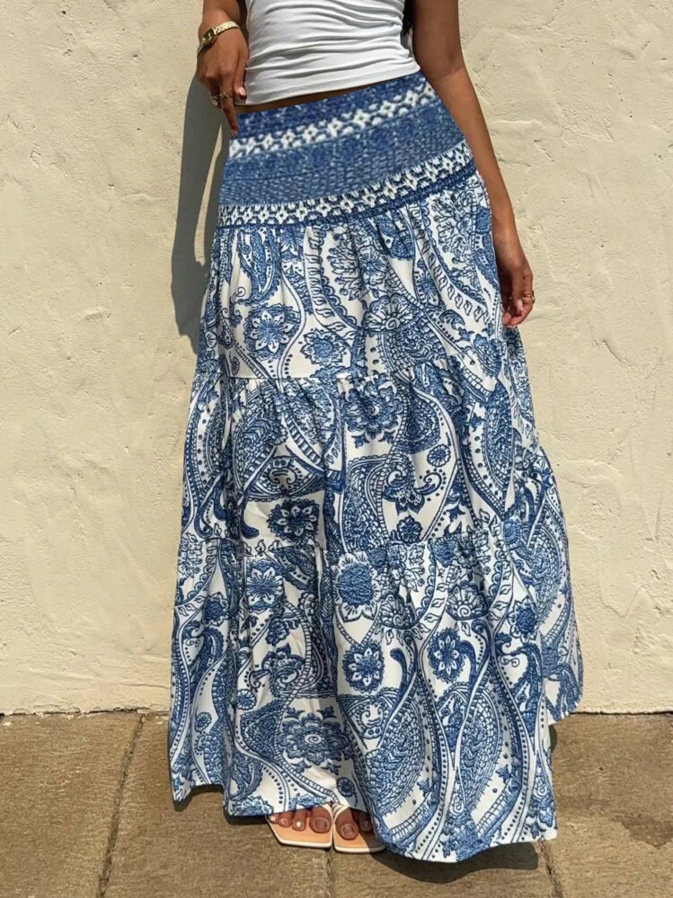 Printed Tiered Maxi Skirt - minbolu -