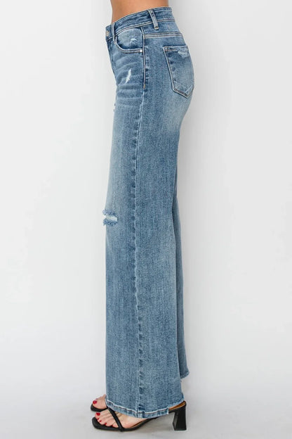 RISEN High Waist Distressed Wide Leg Jeans - minbolu -