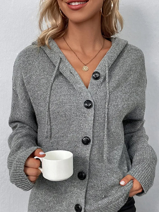 Drawstring Button Up Hooded Cardigan - minbolu -