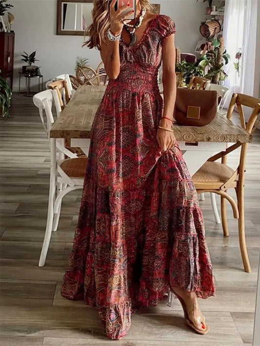 Full Size Smocked Printed V-Neck Short Sleeve Dress - minbolu -