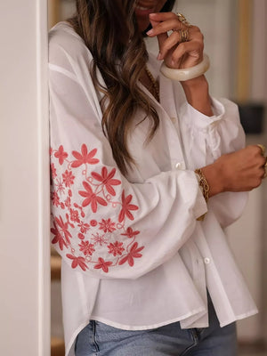 Embroidered Button Up Long Sleeve Shirt - minbolu -
