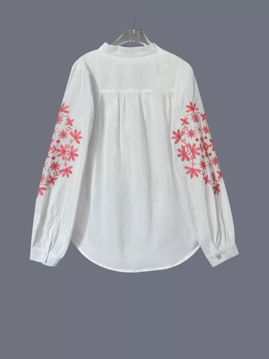 Embroidered Button Up Long Sleeve Shirt - minbolu -