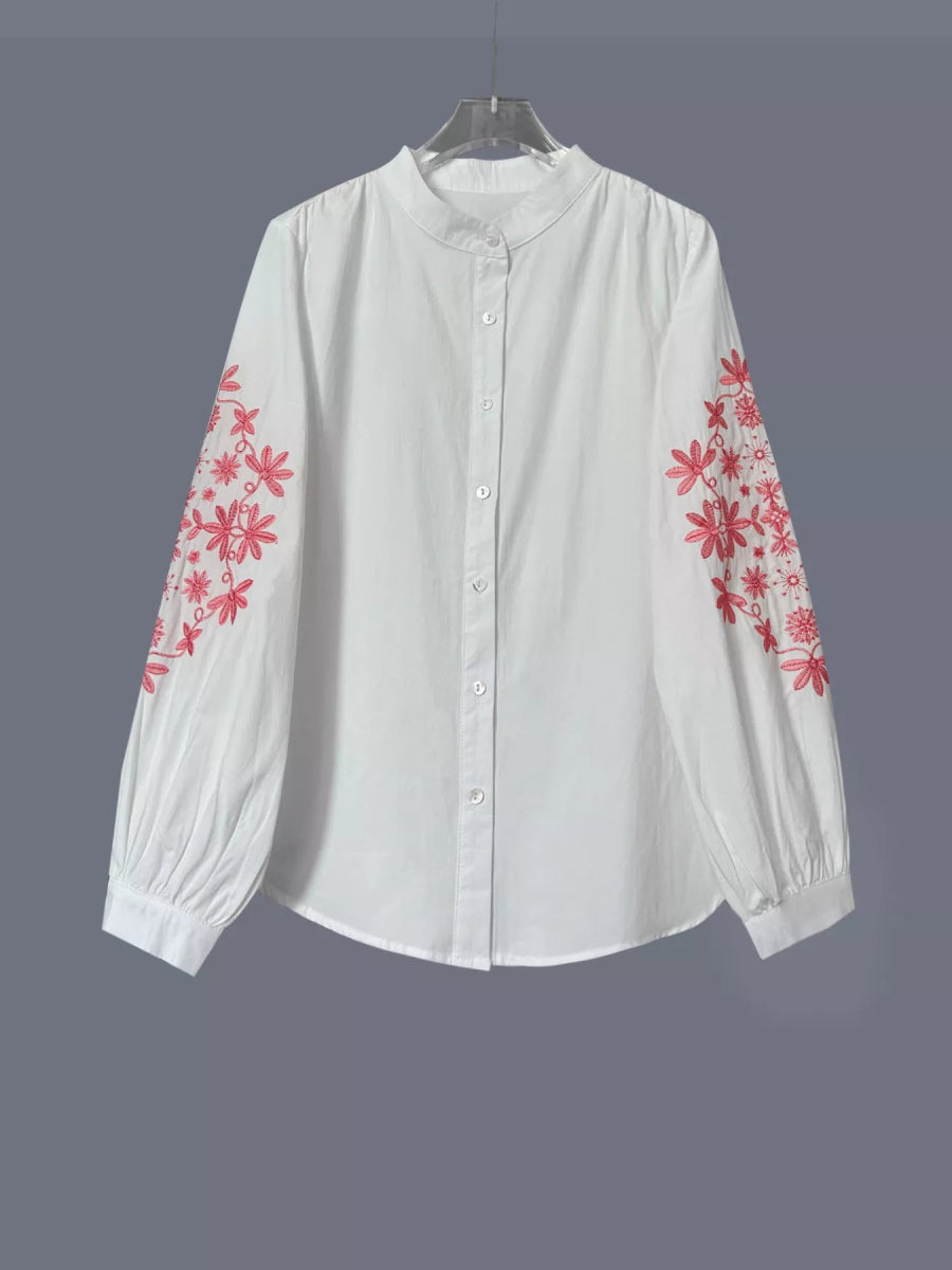 Embroidered Button Up Long Sleeve Shirt - minbolu -