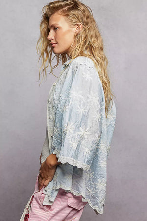 POL Embroidered Floral Collared Neck Shirt with Scalloped Edges - minbolu -
