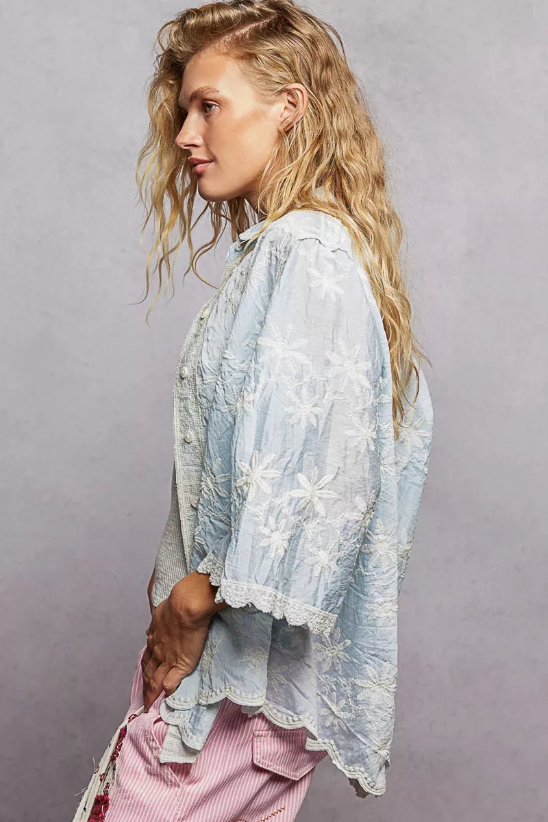 POL Embroidered Floral Collared Neck Shirt with Scalloped Edges - minbolu -