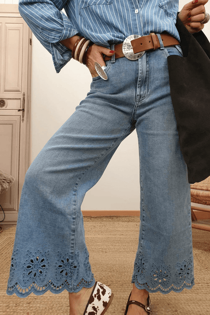 Dusk Blue Embroidered Cropped Wide Leg High Waist Jeans - minbolu -
